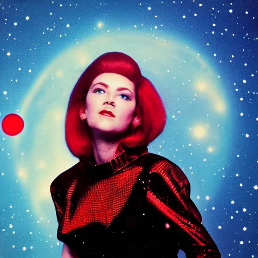 Prompt: analog portrait of a beautiful 60s woman in a space suit, stars and planets visible, warm azure tones, red color bleed, film grain