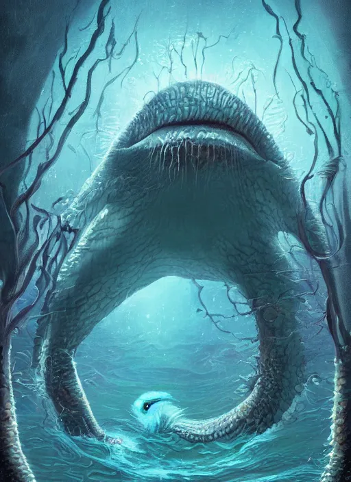 Image similar to a painting of a creature in the water, poster art by chris moore, cg society contest winner, digital art, movie poster, cosmic horror, lovecraftian