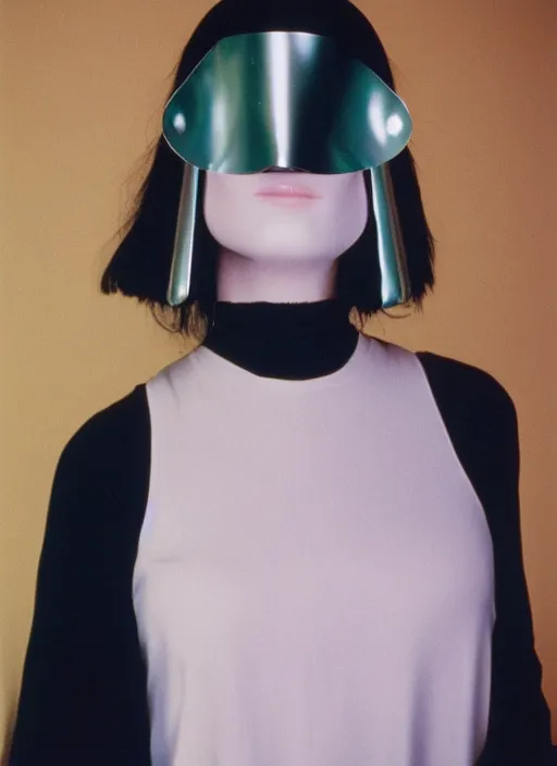 Prompt: a fashion portrait photograph of a woman wearing a metal mask designed by james turrell, 3 5 mm, color film camera,
