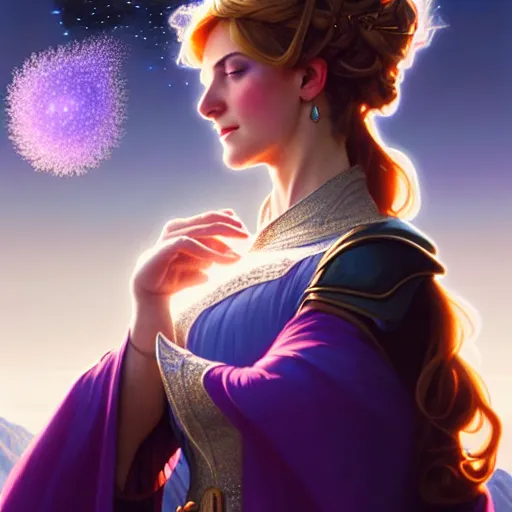 Image similar to a portrait of a fantasy female magician surrounded by magical particles stands on a hill. in the background on another hill stands a castle with mountains in the background, filled with magic, highly detailed, digital painting, artstation, smooth, sharp focus, illustration, art by artgerm and greg rutkowski and alphonse mucha