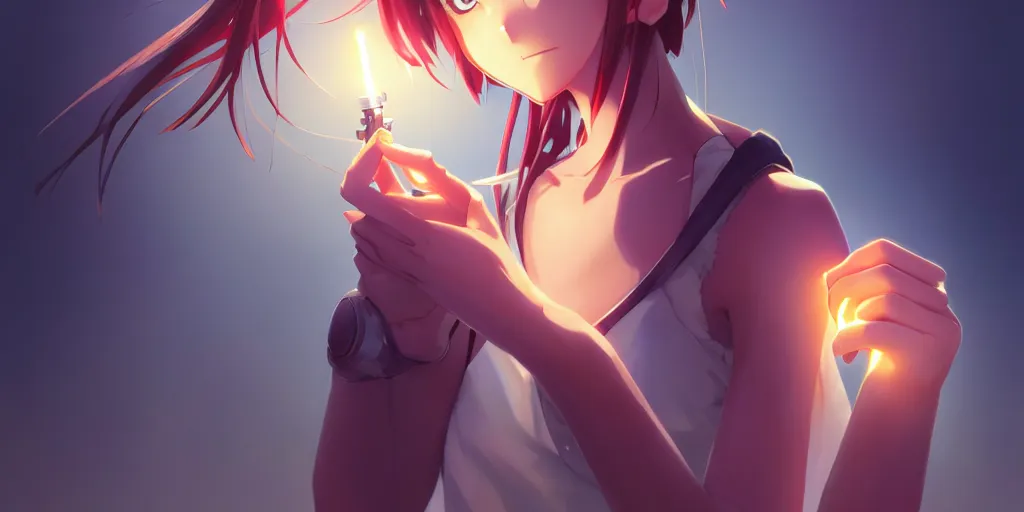 Image similar to beautiful anime girl holding a light source inside her hand, wearing samurai armor, expert high detail concept art, character design, perfect proportions defined faces, vivid colors, photorealistic shaded lighting poster ilya kuvshinov, katsuhiro, makoto shinkai, wlop, loish and clamp style, trending on artstation, best selling artist