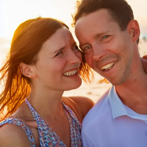 Image similar to couple man and woman, happy, on the beach, correct face, accurate face, sunburn, professional portrait, photo