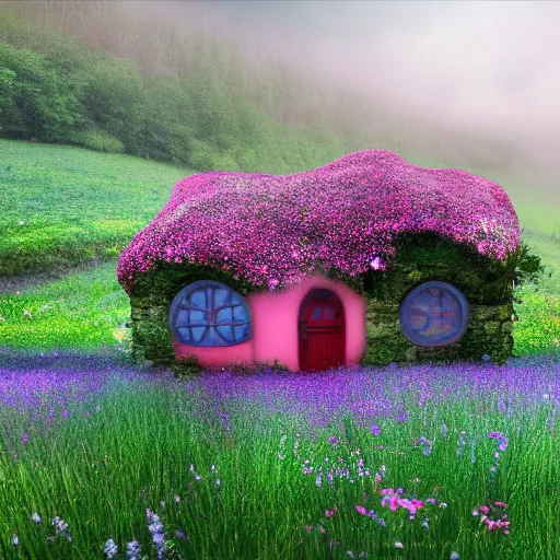 Prompt: fantasy little strawberry-like cottage among magical floral meadow partially covered with fog, photo realistic image, super detailed, 4K,cinematic look, H 1024