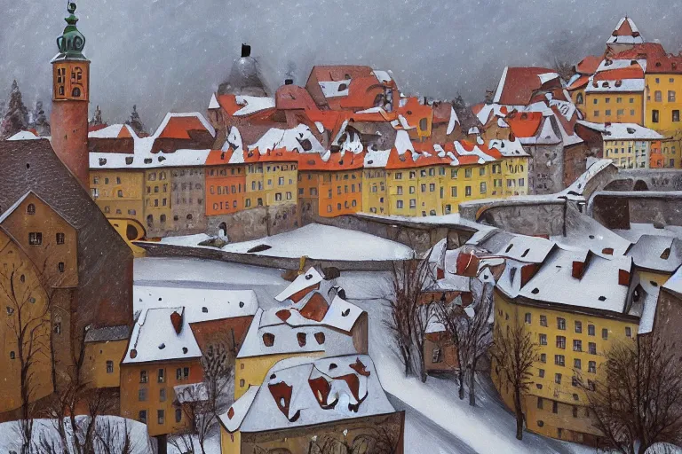 Prompt: cesky krumlov in winter by jeffrey smith, cubism!!!, 3 d depth!!!!!!!!!, oil on canvas, trending art station, masterpiece