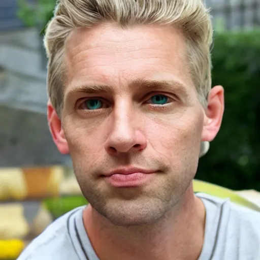 Image similar to color photograph of a 40 year old very handsome white skinny man with short, curly, blond hair and very small blue eyes, dressed in a white t shirt, gray shorts and a gray cabby cap, with a small mole to the right of his very thin lips, with a straight nose and blond stubble, with a round face, and an earring in the left ear. He resembles a lion.