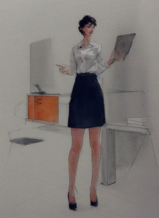 Image similar to concept art of a modern office life, young attractive business woman, pencil miniskirt, pinterest, artstation trending, behance, watercolor, by coby whitmore, silver, laser light,