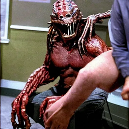 Image similar to predator creature taking a seat with chris hansen, still from tv show to catch a predator