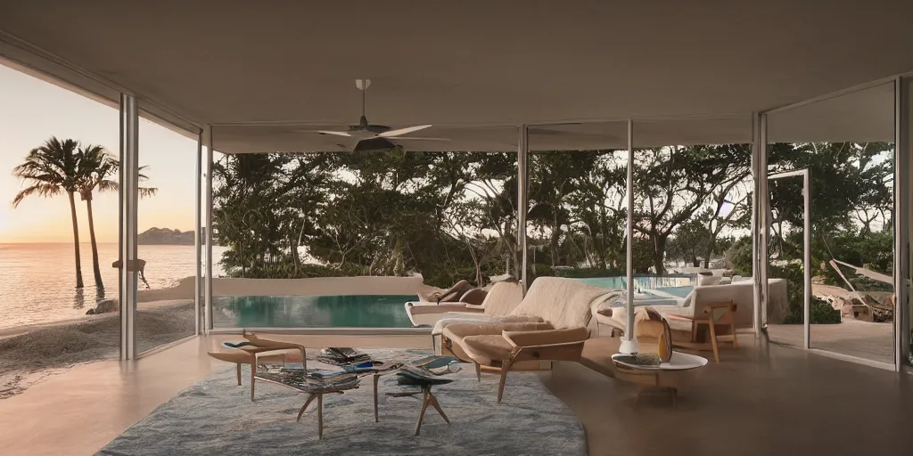 Prompt: a mid-century house on a beach at sunset with view of the ocean, mid-century modern furniture, sunset magazine, dwell magazine style, highly detailed, photorealistic, octane 8k 35mm lens, award photography, architectural photography