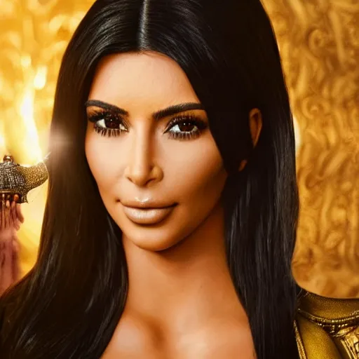 Image similar to kim kardashian in alladin live action, 8k full HD photo, cinematic lighting, anatomically correct, oscar award winning, action filled, correct eye placement,