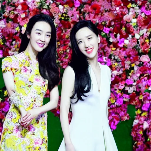 Prompt: zhangziyi and liuyifei in a same frame.flowers around.