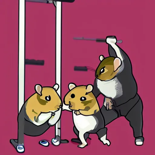 Prompt: a drawing of two hamsters doing barbell squats at the gym, artstation