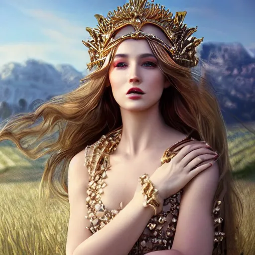 Image similar to a radiant greek mythology goddess walking in a beautiful field, mountains in the distance, jewelry, crown, confident, gorgeous, stunning, dramatic lighting, detailed, very realistic, trending on Artstation, Cgsociety