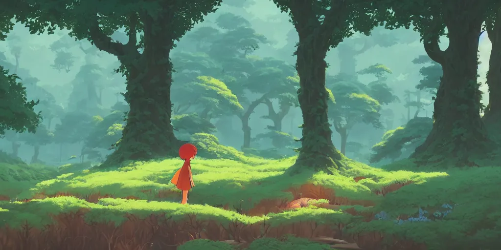 Image similar to ghibli style forest landscape, artstation, elegant, highly detailed, digital painting, concept art, smooth, sharp focus, illustration, art by don bluth and michel ocelot and makoto shinkai and tom whalen and atey ghailan and akihiko yoshida