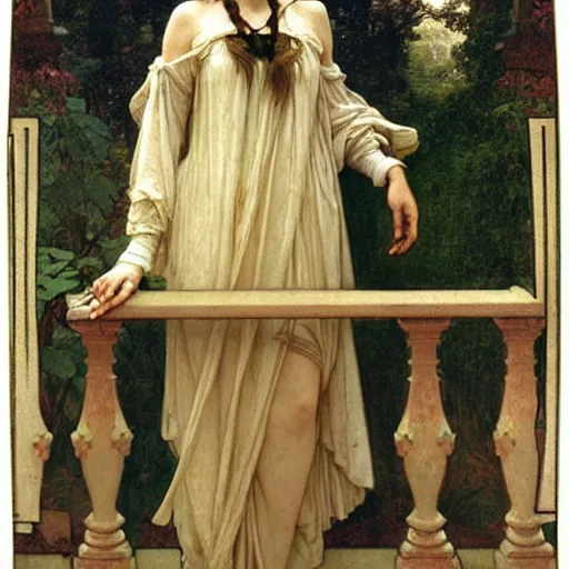 Image similar to A girl with on the front of a Balustrade porch with a hedge maze on the background, major arcana occult clothes, by paul delaroche, alphonse mucha and arnold böcklin arnold böcklin hyperrealistic 8k, very detailed