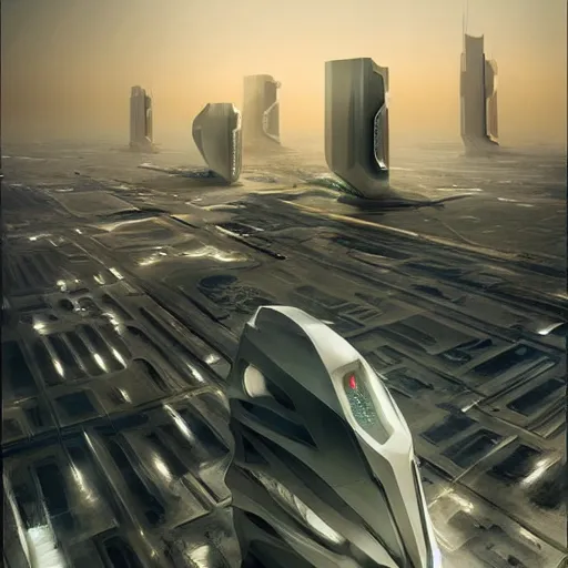 Image similar to futuristic Riyadh designed by Zaha hadid art by greg rutkowski and ruan jia and Daytoner