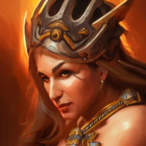 Image similar to Jeff Bezos!! Bezos female amazon warrior, closeup, D&D, fantasy, intricate, elegant, highly detailed, digital painting, artstation, concept art, matte, sharp focus, illustration, hearthstone, art by Artgerm and Greg Rutkowski and Alphonse Mucha