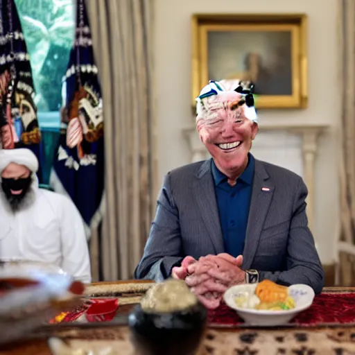 Image similar to 4 k hdr portrait wide angle photo of president joe biden laughing at a dinner table meeting surrounded by taliban terrorist leaders