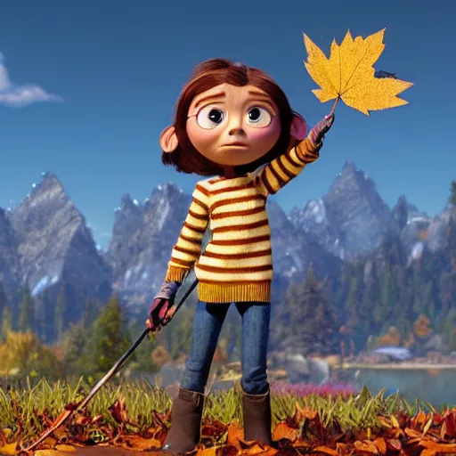 Image similar to a very cool and cute stopmotion animation character, a beautiful canadian woman, gardening, very attractive, spiky dark brown and grey hair, striped sweater, tight denim jeans, maroon doc marten boots, canadian maple leaves blowing about, mountains, autumn, unreal engine 5, 8 k, kubo and the two strings, disney, pixar,