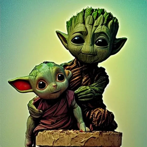 Image similar to baby groot sitting baby yoda in the style of william adolphe bouguereau