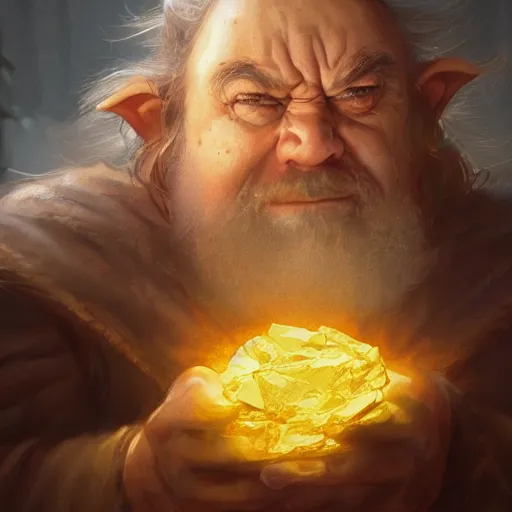 Prompt: portrait of a dwarf hugging the humongous raw, unrefined gold nugget, lump of native gold, realistic, beautiful eyes and hands, fantasy art, dnd, lord of the rings, mid - shot, moody lighting, by greg rutkowski, wlop, artgerm, trending on artstation, concept art, sharp focus, ray tracing