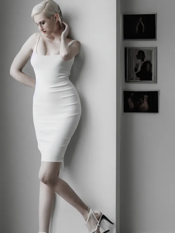 Prompt: studio photo of gorgeous seductive tall emily skinner cosplaying annie leonhart wearing heels, wearing tight white wet dress, in a white room, beautiful face, pale skin, rule of thirds, cinematic lighting, sharp focus, backlit, stunning, smooth, hard focus, full body shot, shot on sony a 7 iii