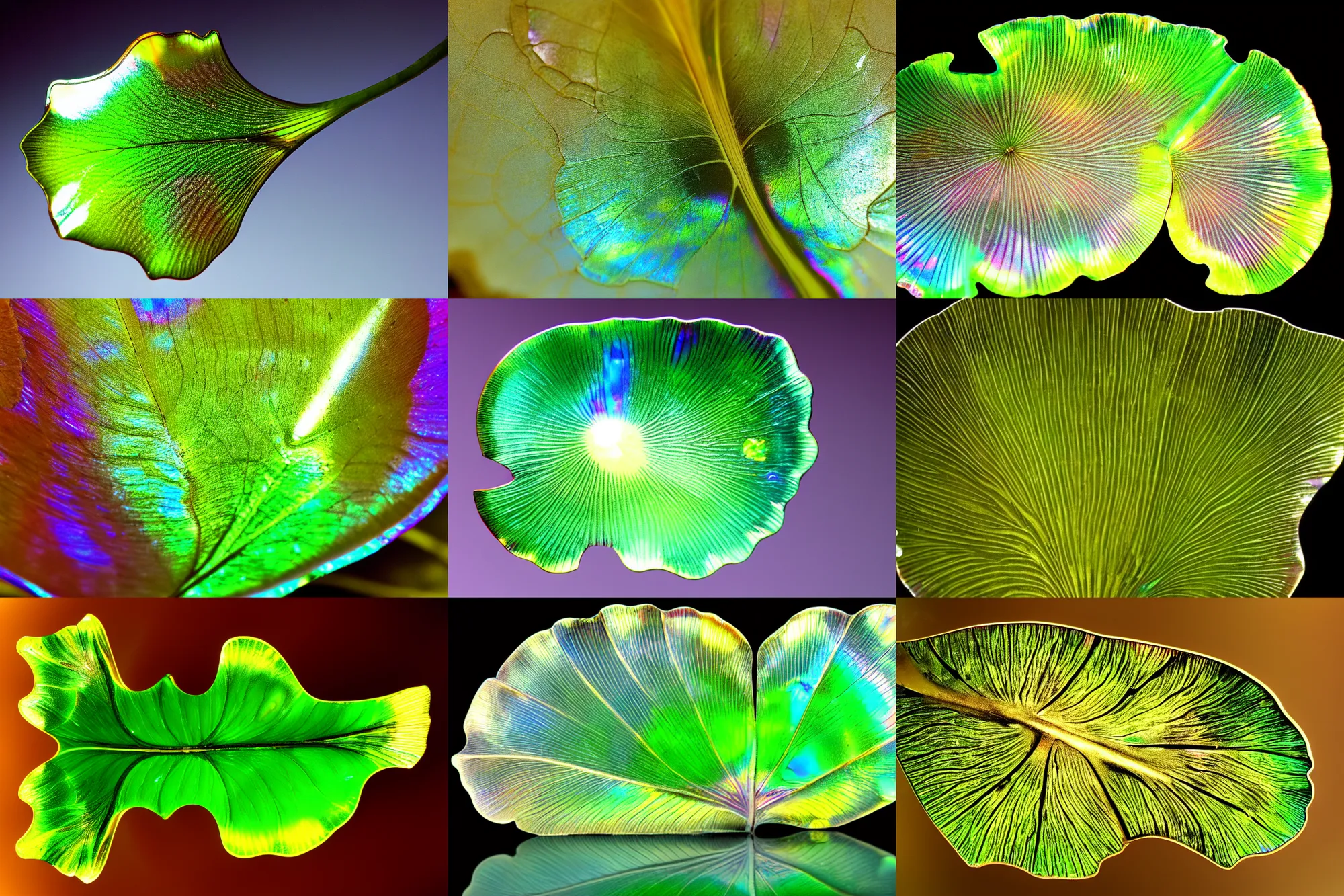 Prompt: high definition hd photography of a ginkgo leaf, translucent, refractive and reflective, shimmering, pearly iridescent, abalone.