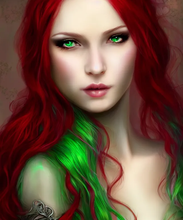 Prompt: Beautiful young woman, Fae, Fantasy, highly detailed, portrait, long red hair, green highlights
