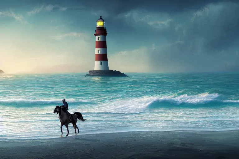 Image similar to photo of man riding a horse along the beach, glowing underwater waves toward a lighthouse in the distance guiding his way, silhouette, wide horizon, large white clouds, seagulls, night, intricate, elegant, highly detailed, digital painting, artstation, concept art, smooth, sharp focus, illustration, rule of thirds art by artgerm and greg rutkowski and fra angelico