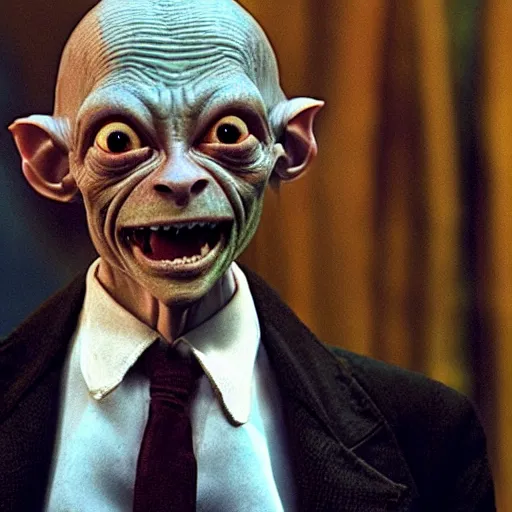 Prompt: photo of gollum from lord of the rings, wearing a suit, giving a presentation in a formal business meeting,