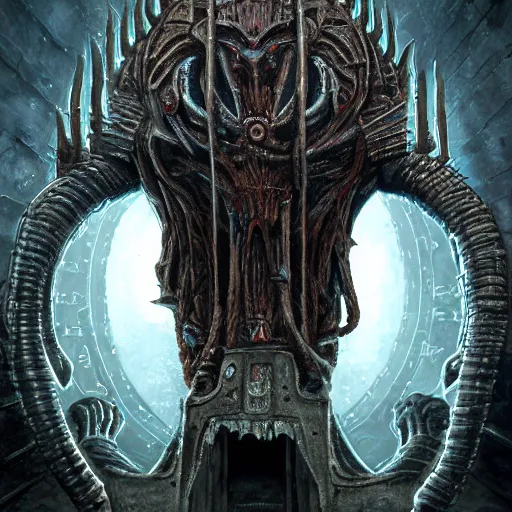 Image similar to Moloch, whose mind is pure machinery, eerie, sinister, horror, illustrated by Anne Stokes and H R Giger and Adrian Borda, super detailed, 4k, 8k