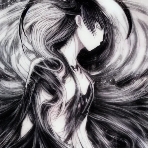 Prompt: yoshitaka amano blurred and dreamy illustration of an anime girl with black eyes, wavy white hair fluttering in the wind wearing elden ring armor with engraving, abstract black and white patterns in the background, noisy film grain effect, highly detailed, renaissance oil painting, weird portrait angle, blurred lost edges, three quarter view