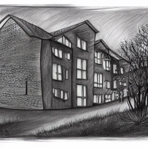 Image similar to drawing of a primary school up a hill, sadness, dark ambiance, concept by godfrey blow, featured on deviantart, sots art, lyco art, artwork, photoillustration, poster art