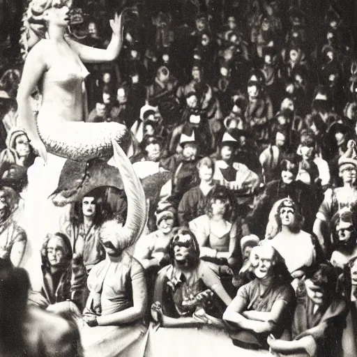 Image similar to mermaid on a circus, crowd shocked, 3 5 mm, 1 9 2 0, photograph