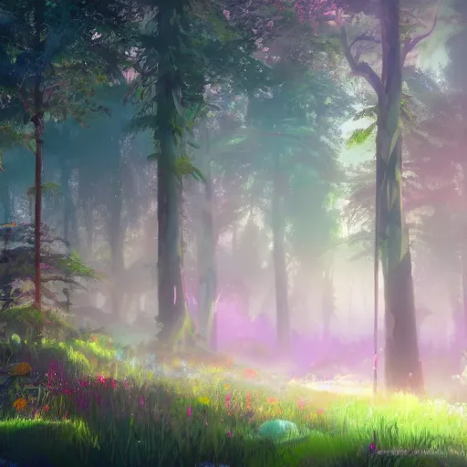 Image similar to concept art painting of a mystical colorful forest, with fog and strange colorful plants, realistic, detailed, cel shaded, in the style of makoto shinkai and greg rutkowski and james gurney