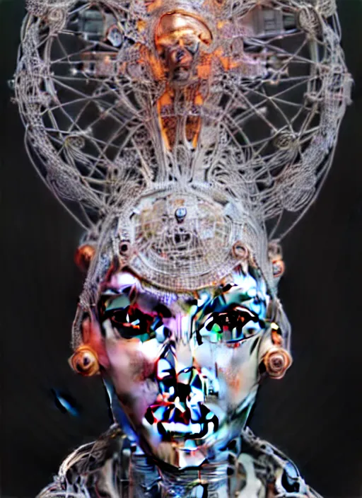 Image similar to portrait of an absurdly beautiful, graceful, sophisticated, fashionable cyberpunk mechanoid, hyperdetailed illustration by irakli nadar and alexandre ferra, intricate linework, white porcelain skin, faberge, coral headdress, unreal engine 5 highly rendered, global illumination, radiant light, detailed and intricate environment