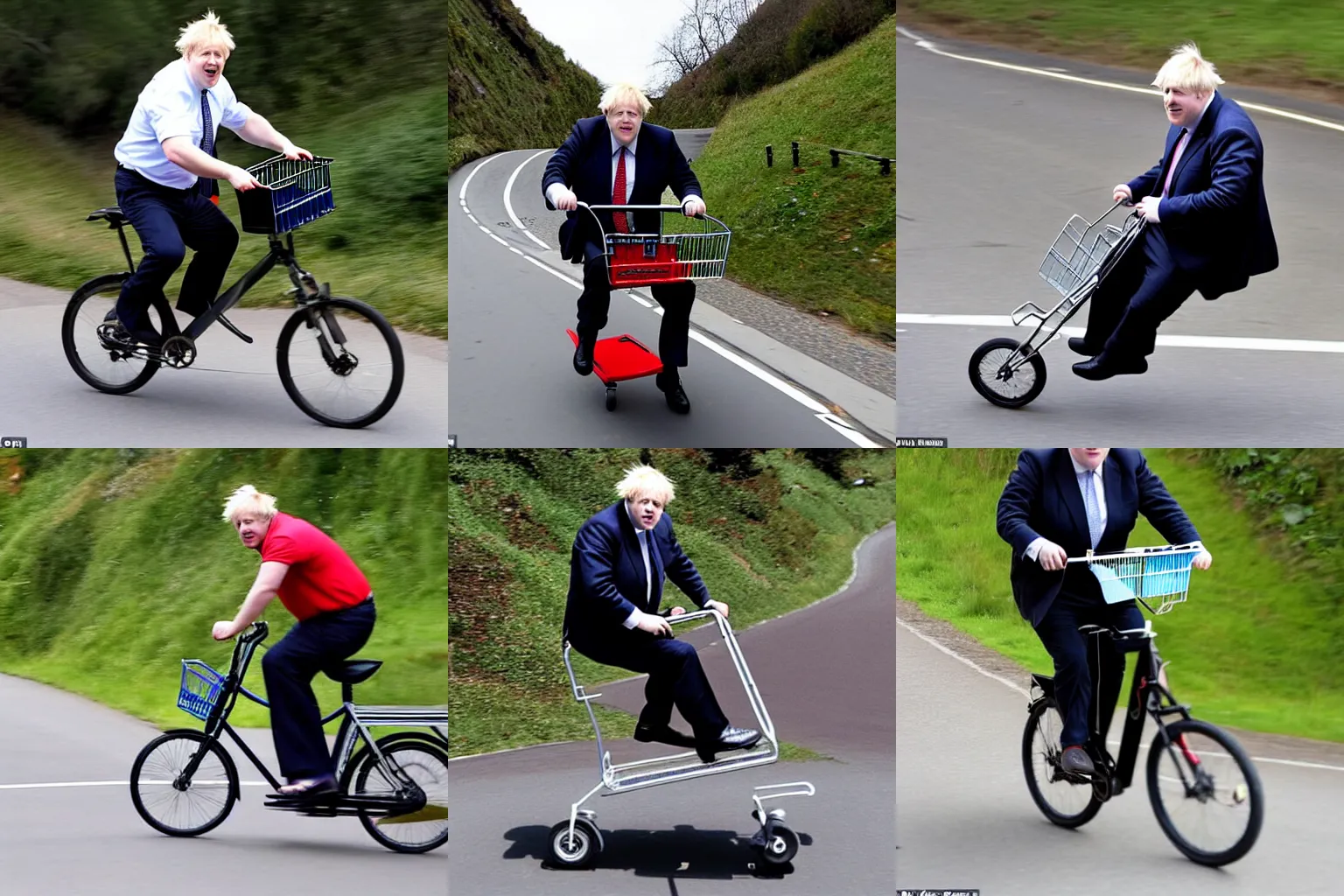 Prompt: Boris Johnson riding inside a shopping cart rolling downhill a very steep road