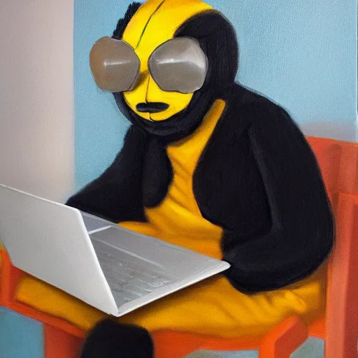 Image similar to tired man in a bumblebee costume drinks coffee in front of a laptop, highly detailed, masterpiece, alla prima, oil on canvas