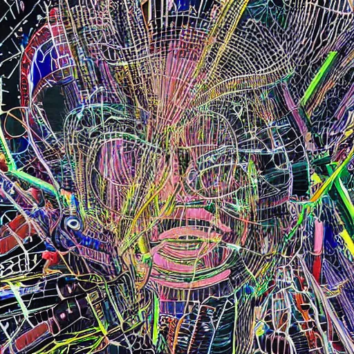 Image similar to synthesizer player made of information networks and wires, intricate, sparks, computer breakdown, crash, digital, pen and ink, fine lines, digital glitch, smeared colored paint, dripping, oil spray