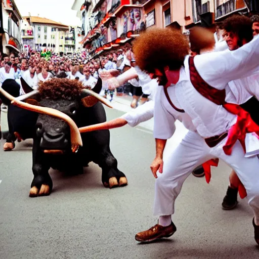 Image similar to close up of screaming bob ross running from the bulls in pamplona spain