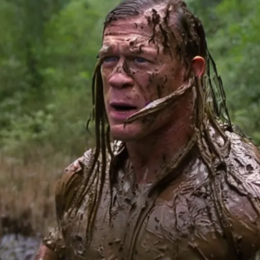 Image similar to film still of john cena as major dutch, covered in mud and hiding from the predator predator predator in swamp scene in 1 9 8 7 movie predator, hd, 4 k