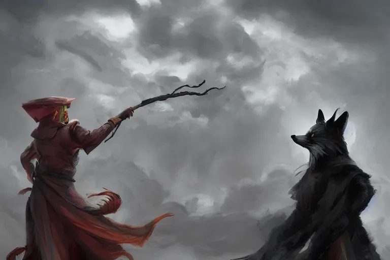 Image similar to the fox magician with a black robe blast a thunder spell with his staff, thunder ray, mountain, clouds, artstation