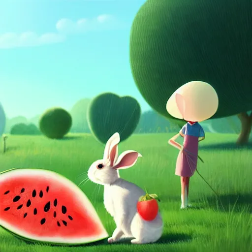 Image similar to a cute rabbit eating watermelon on the green meadow, a storybook illustration by goro fujita and atey ghailan