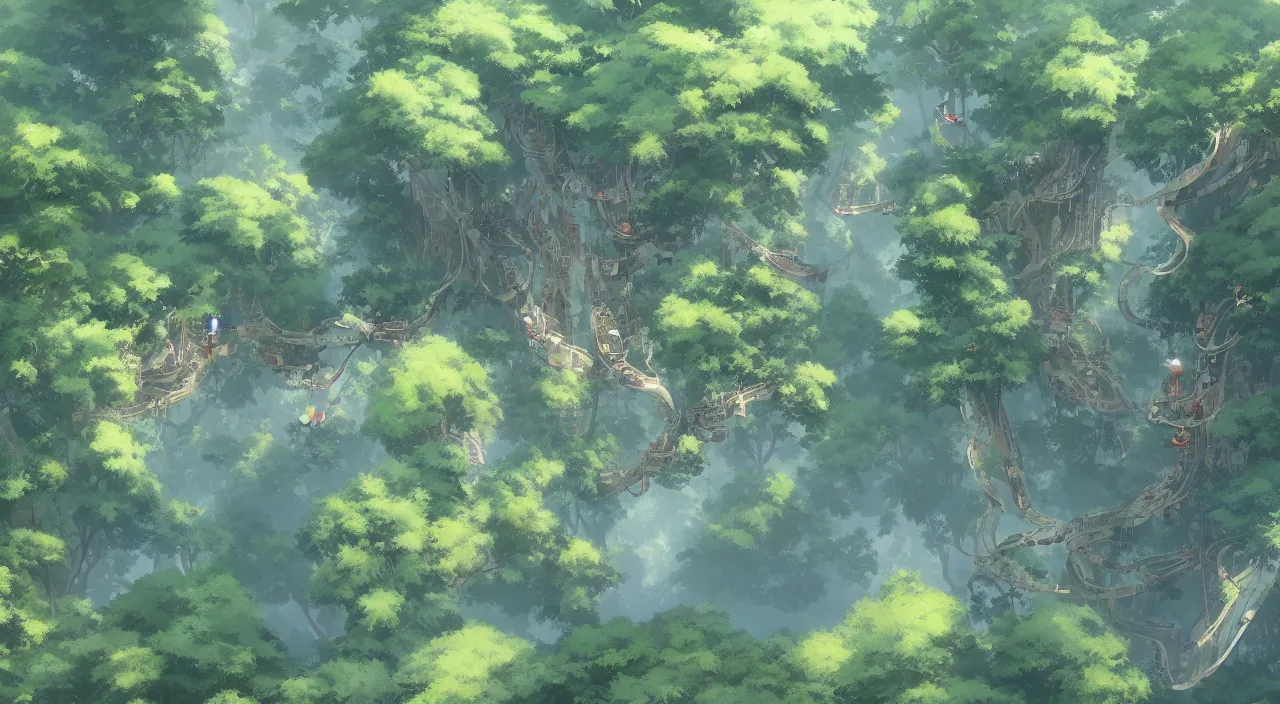 Prompt: aerial view of treetop canopy, by studio ghibli and greg rutkowski,