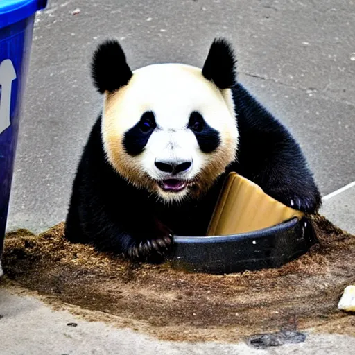 Prompt: a panda is peeking out from under the lid of a trash can