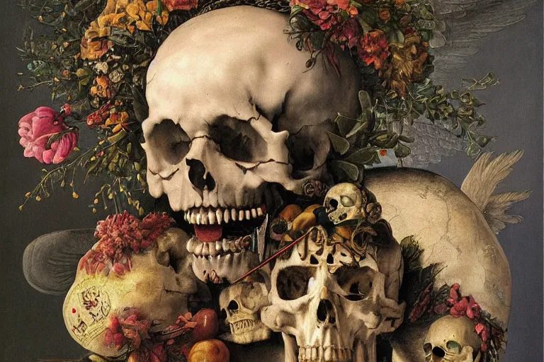 Image similar to a painting of an angel with a skull head, he is holding a tridant. by arcimboldo giuseppe