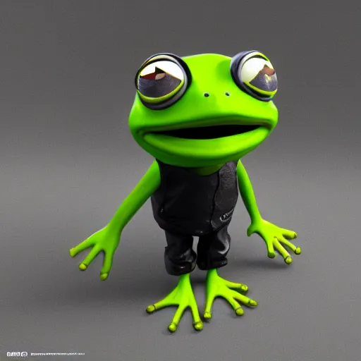 Image similar to perfectly accurate miniature figure of pepe the frog wearing jeans and a black leather jacket, soft textures, skin texture, clothing, 3d sculpture, textured, fine detail, lifelike, photo, high resolution, octane render, post processing, after effects, trending on artstation