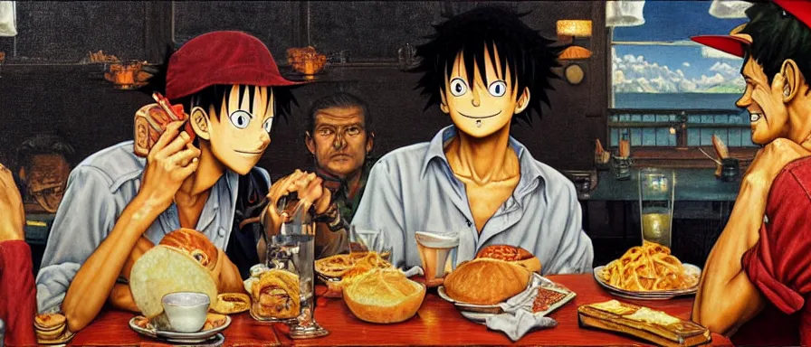 Prompt: Luffy at a diner, head and shoulders portrait, extremely detailed masterpiece, Roger Deakin’s cinematography, oil on canvas, Norman Rockwell.