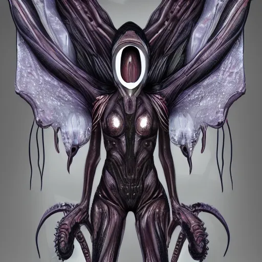 Image similar to alien woman - wings, organic armor, three eyes, tentacles, realistic