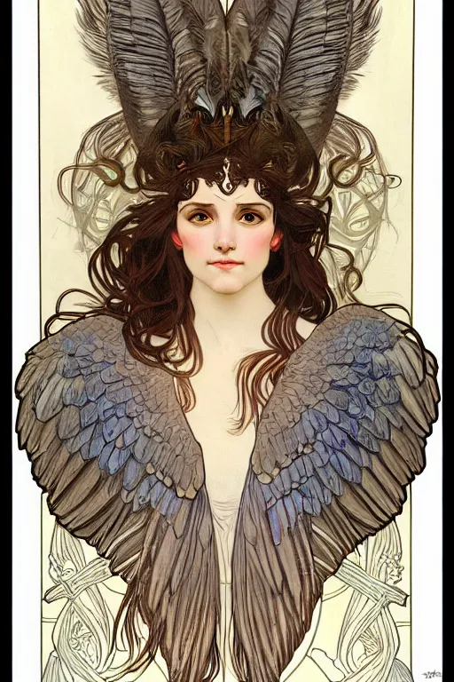 Prompt: head and shoulders portrait of a harpy, eagle wings, feathers, beautiful, female, magical, high fantasy, d & d, by alphonse mucha, face details, extremely detailed, digital illustration