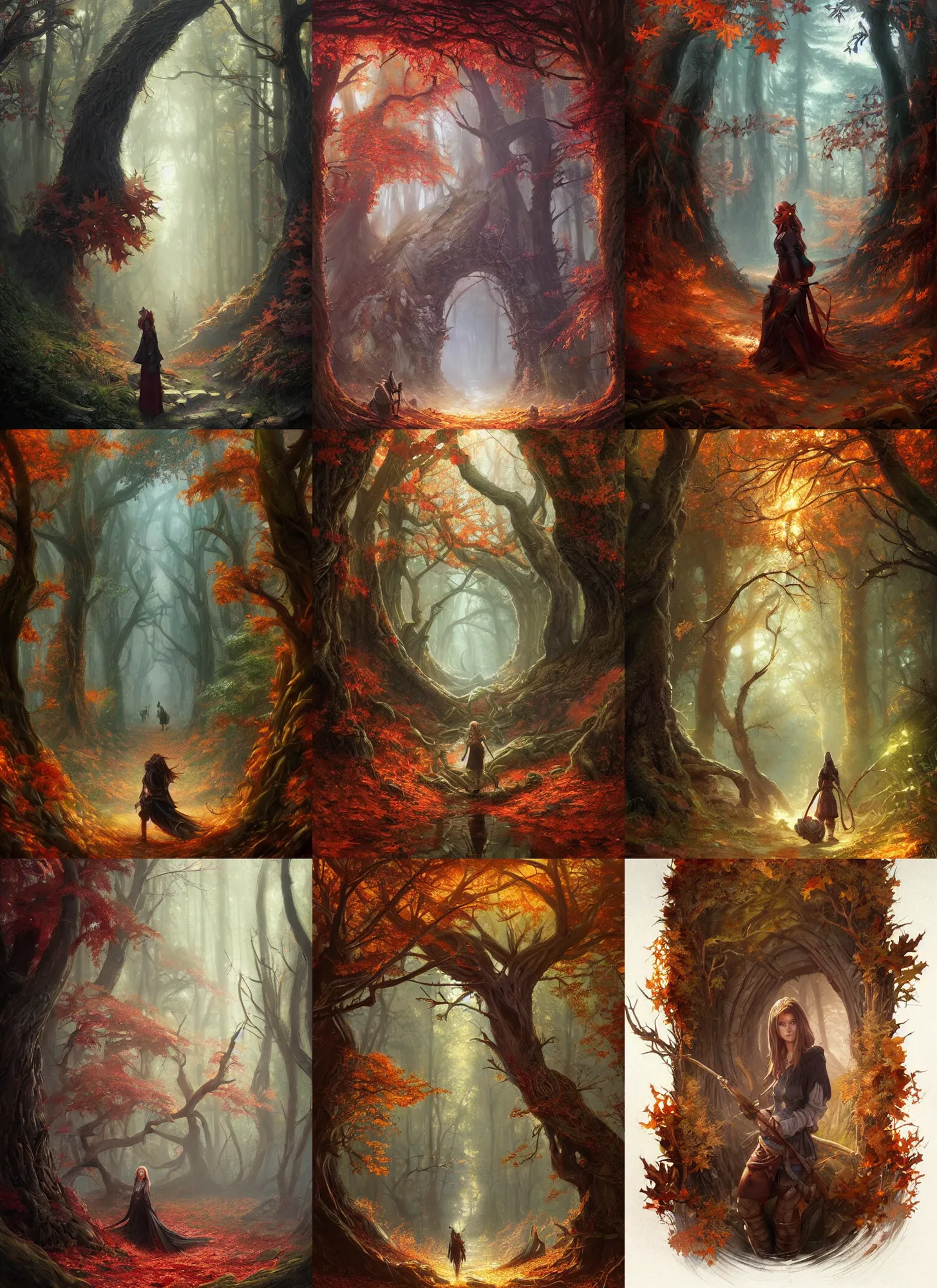 Prompt: magical autumnal forest portal, d & d, fantasy, portrait, highly detailed, digital painting, trending on artstation, concept art, sharp focus, illustration, art by artgerm and greg rutkowski and magali villeneuve